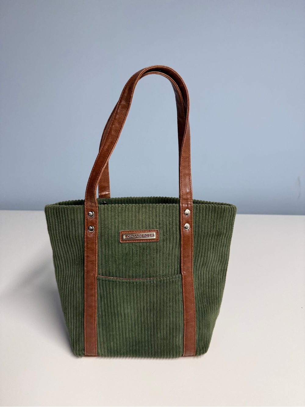 Longaberger Green Corduroy Tote with Brown Leather Accents - Picture 4 of 6